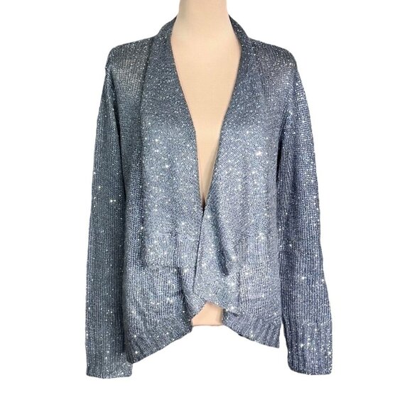 NWT Sisters Sequin Cardigan Sz.L Knit Gray Silver Shawl Collar Dressy Preppy - Picture 1 of 16